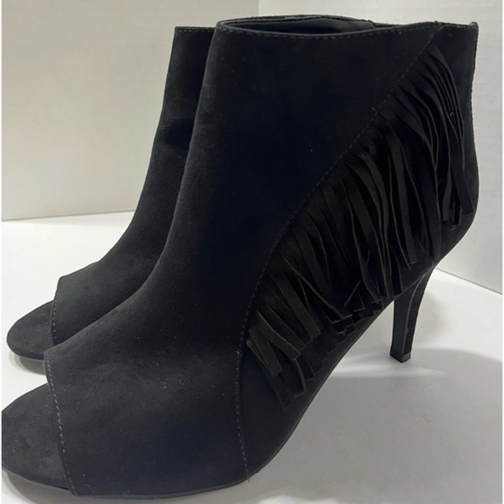 New Directions Brooke Peep Toe Black Fringe Ankle Boots‎ Women Size 10 - Picture 3 of 10